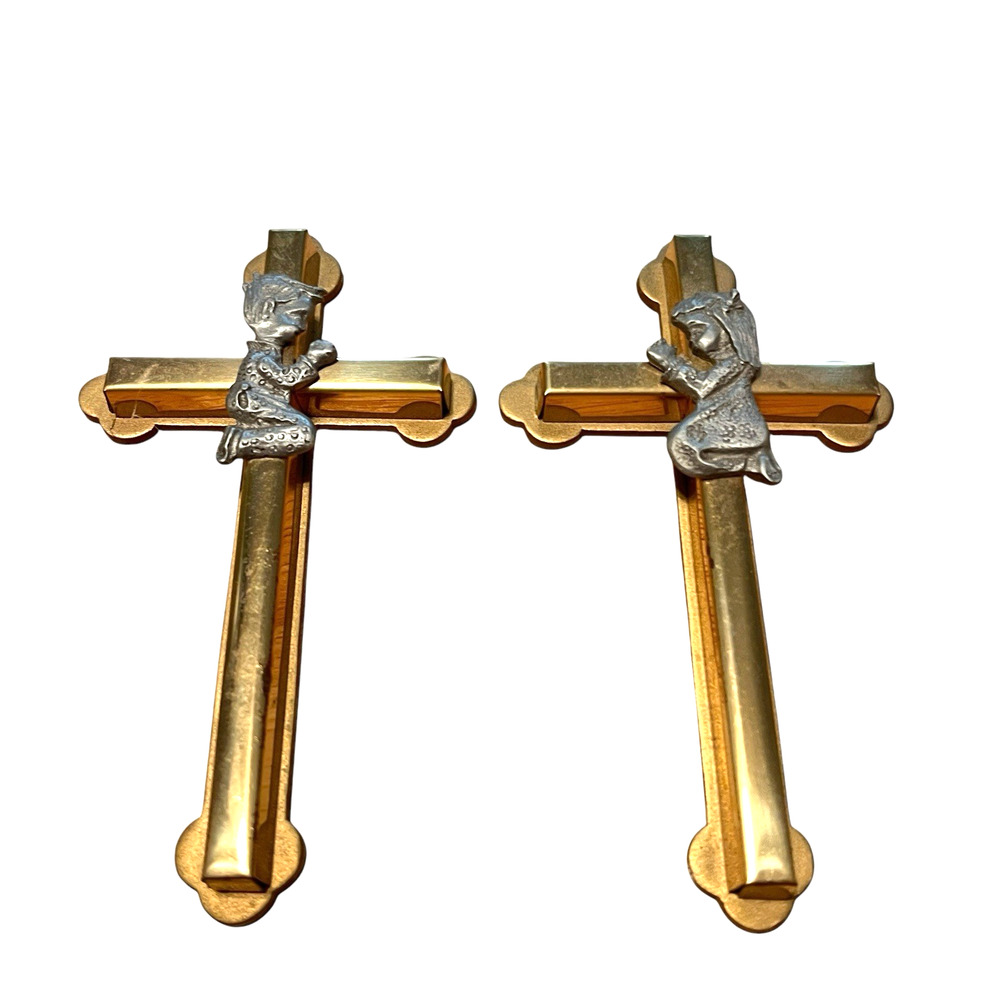 Camco Cross Crucifix Set of Two Boy Girl Praying Brass Pewter Wall Hanging Retro